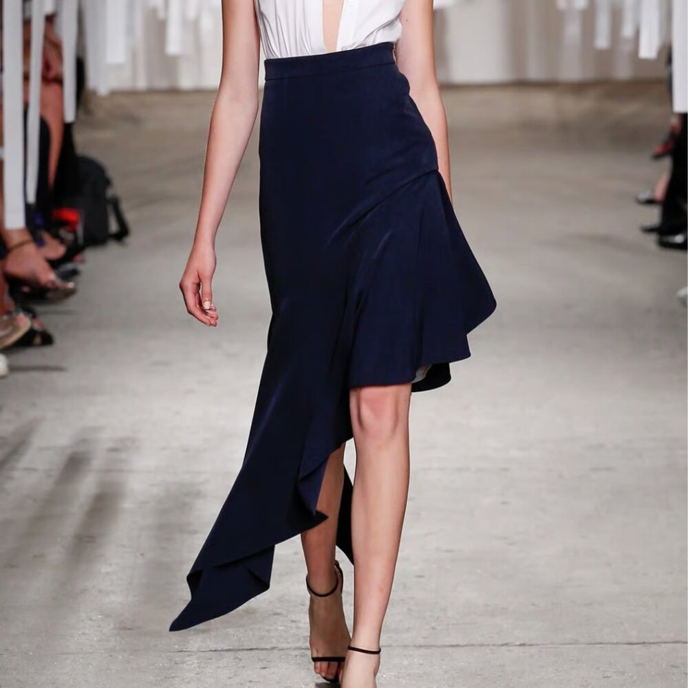 Milly SS16 Navy Charlotte Asymmetric Hem Midi Skirt Minimalist Old Money Luxury